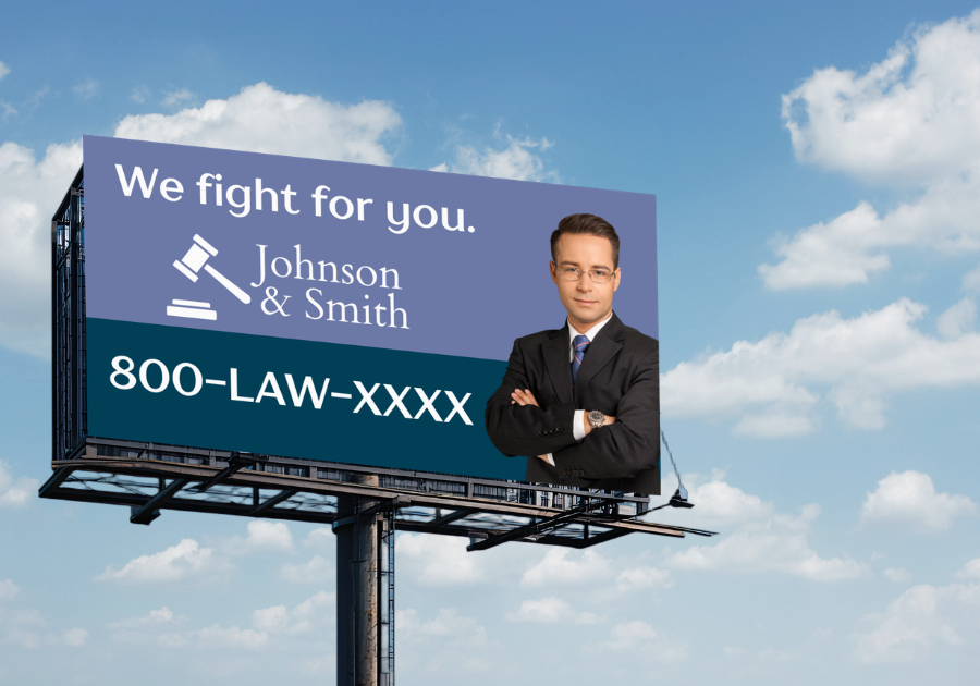 Spelled out on the billboard: 800-LAW-XXXX