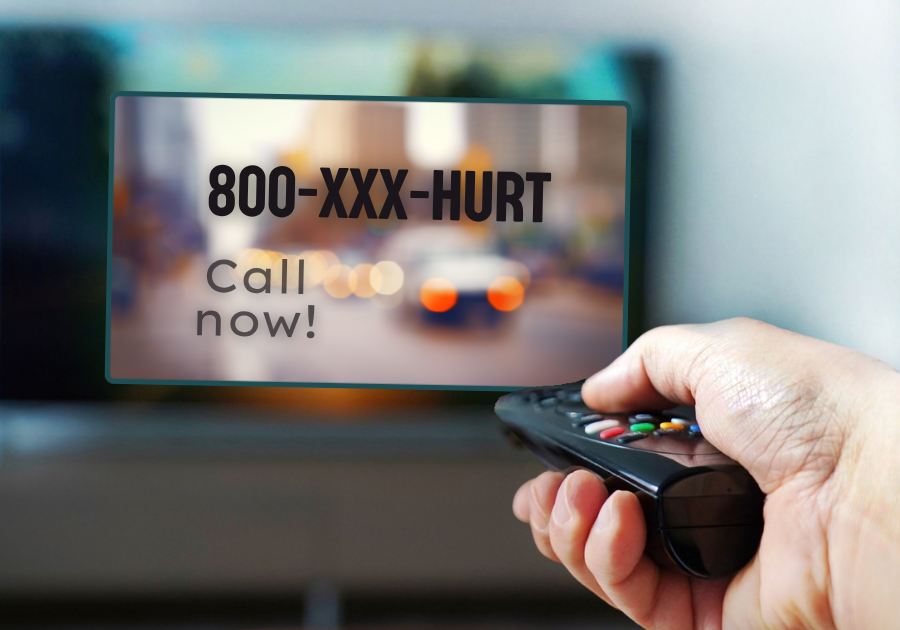 Spelled out on the tv screen: 800-XXX-HURT. Call now!