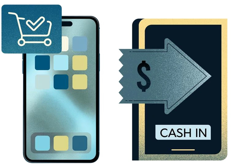 A phone with a checked-off cart beside a payout card marked Cash In