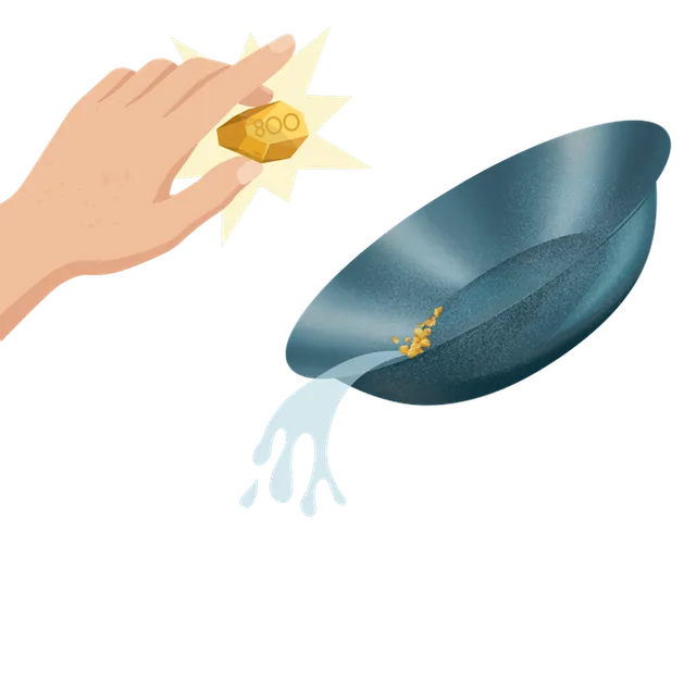 A hand lifting a gold 800 nugget from a prospecting pan