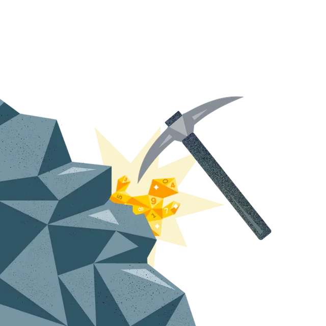 A pickaxe striking rock and uncovering gold numbers
